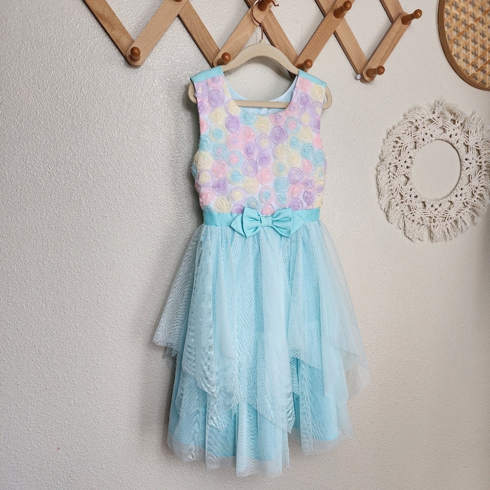 Jona Michelle Party Dress Girl's 7 Blue Pink Pastel Bow Tulle Roses Mesh…
